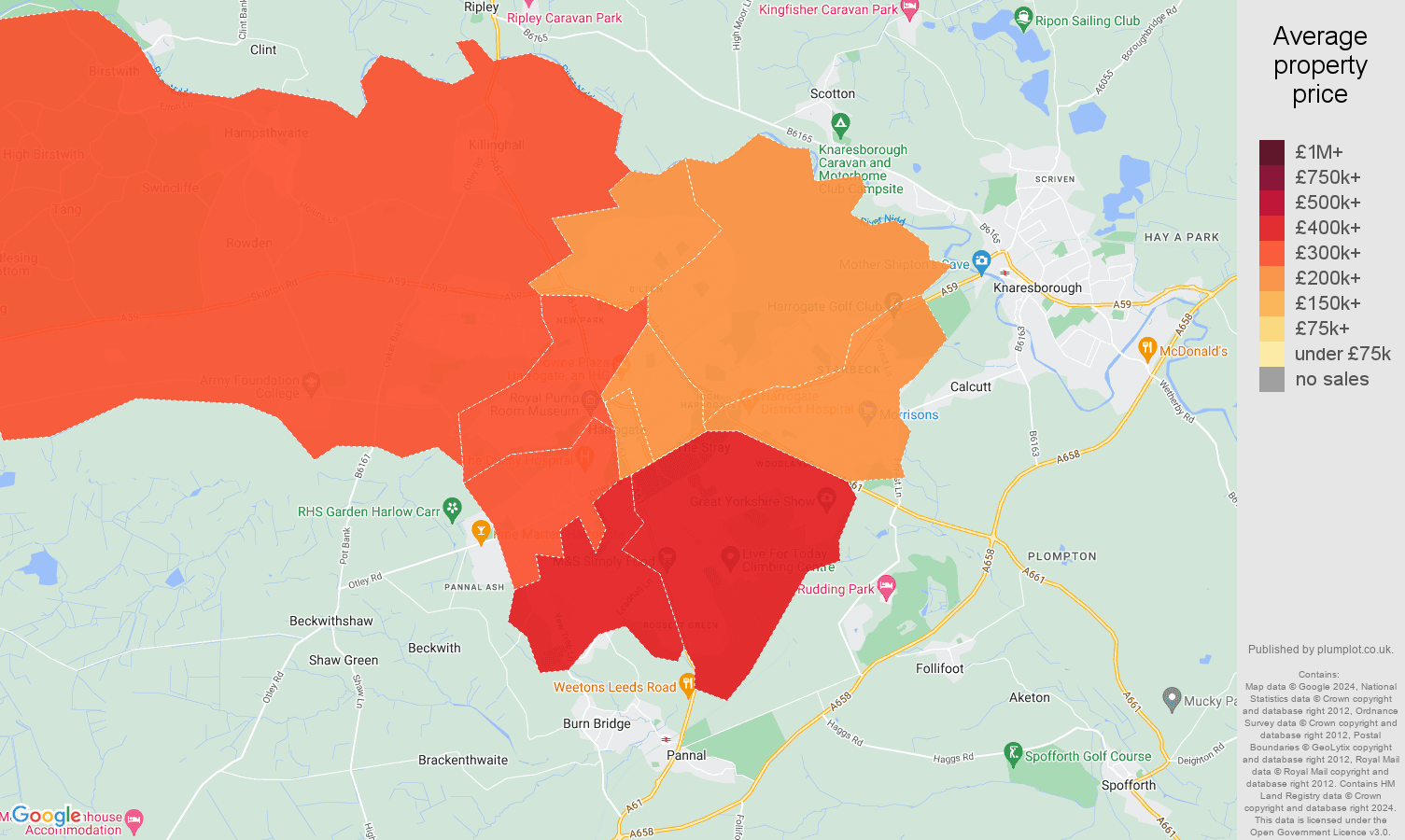 Harrogate house prices in maps and graphs. August 2024