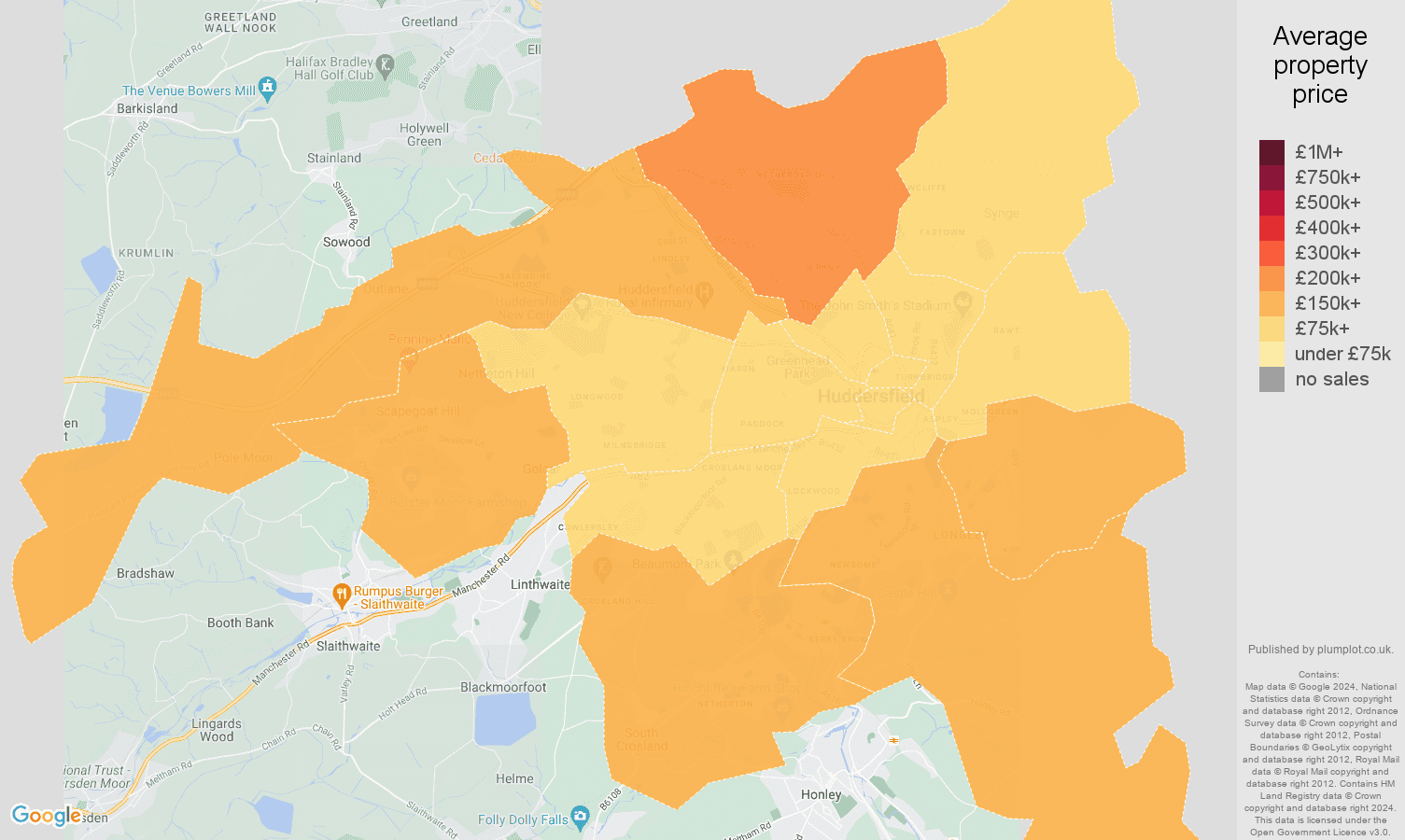 Huddersfield house prices in maps and graphs. August 2024