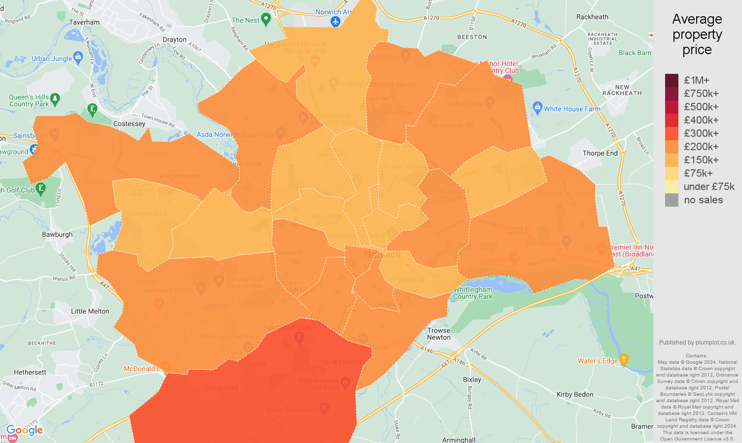 Norwich house prices in maps and graphs. August 2024
