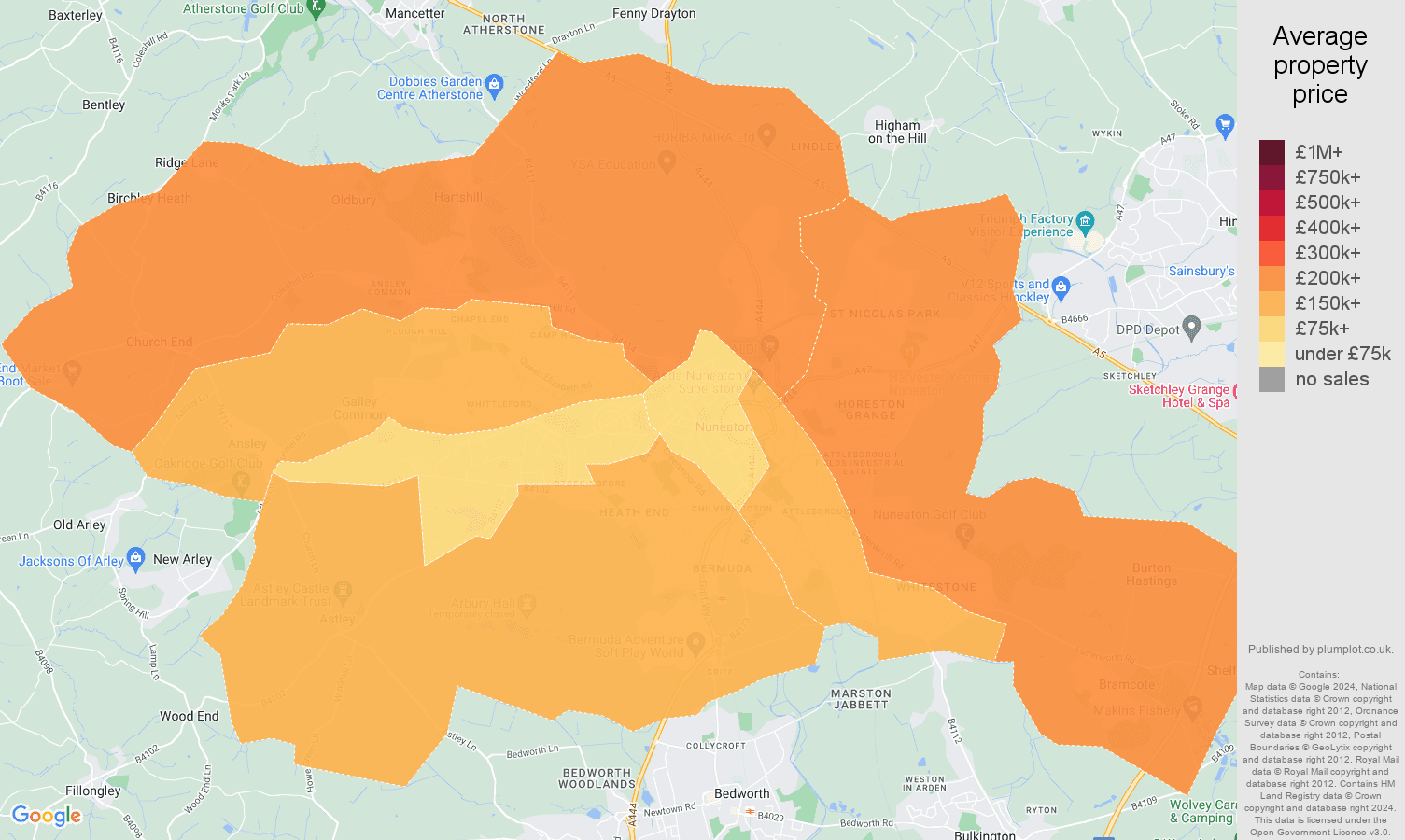 Nuneaton house prices in maps and graphs. August 2024