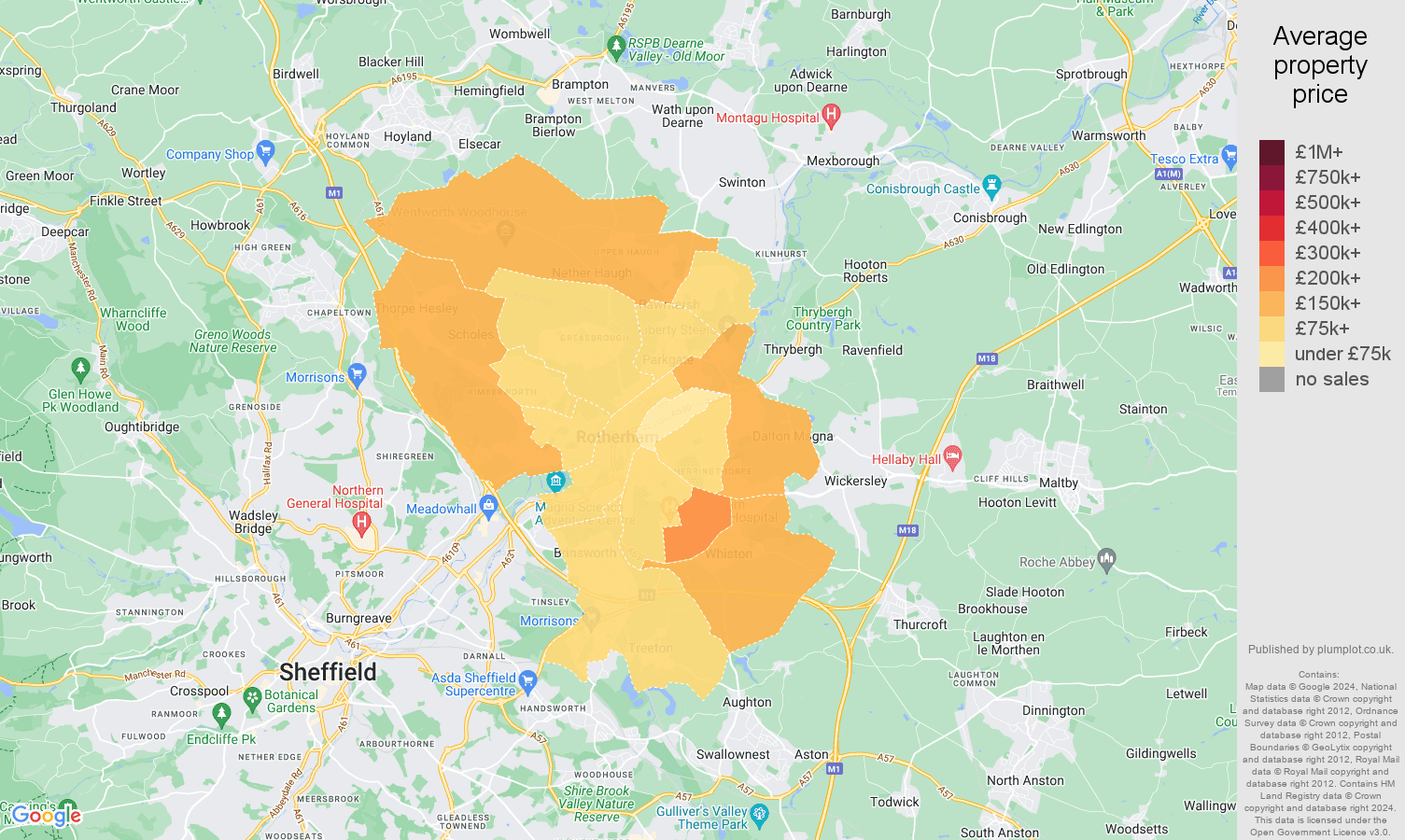 Rotherham house prices in maps and graphs. August 2024