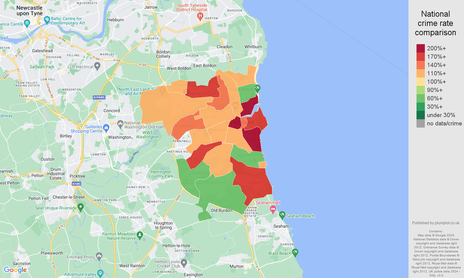 Sunderland crime statistics comparison. September 2024