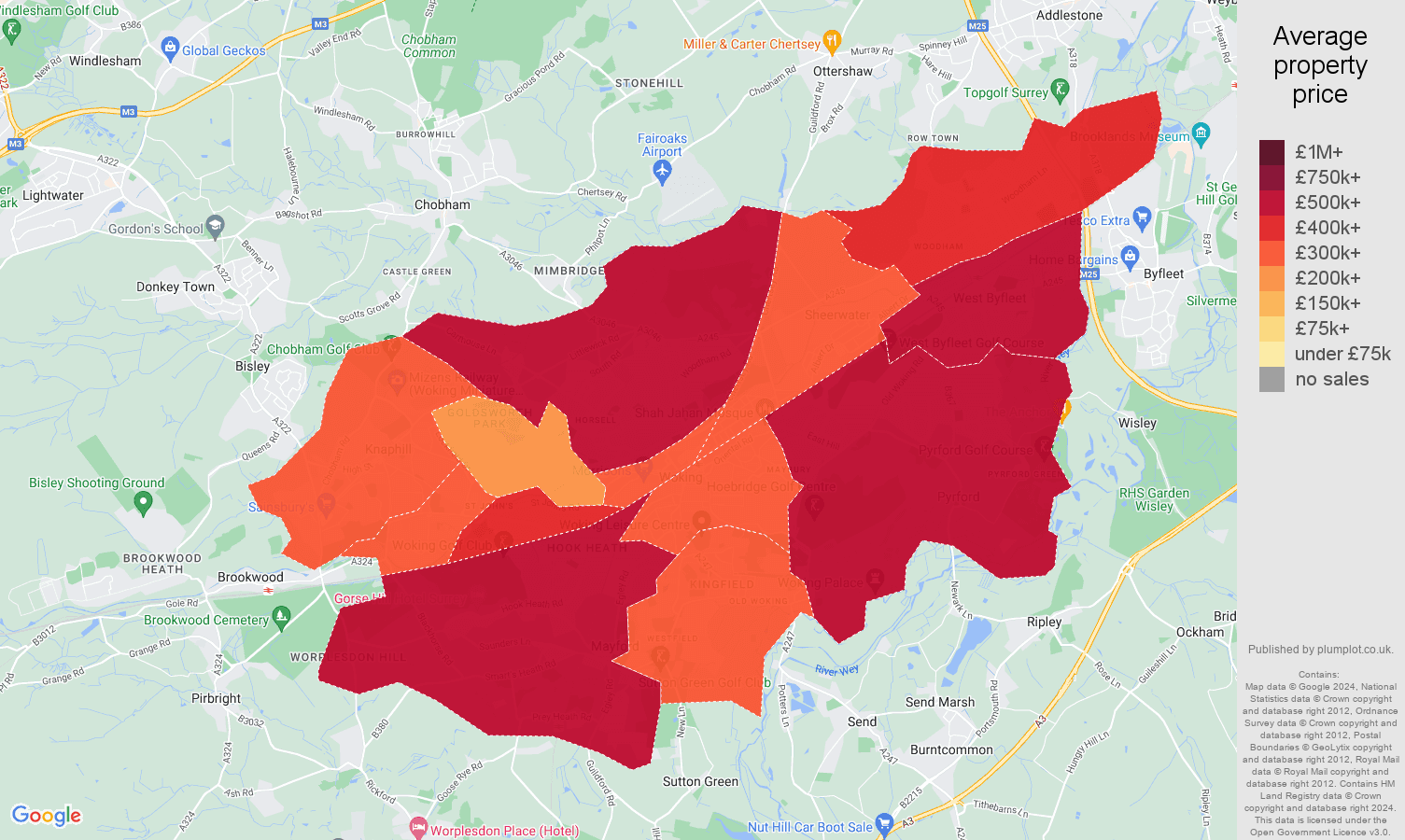 Woking house prices in maps and graphs. August 2024