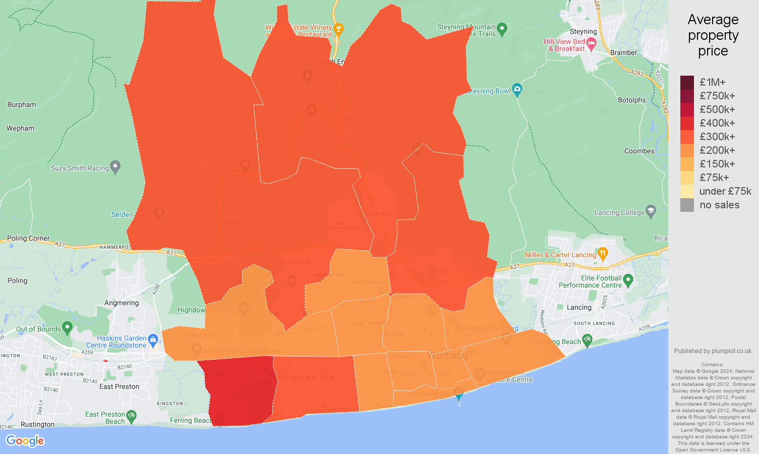 Worthing house prices in maps and graphs. October 2024