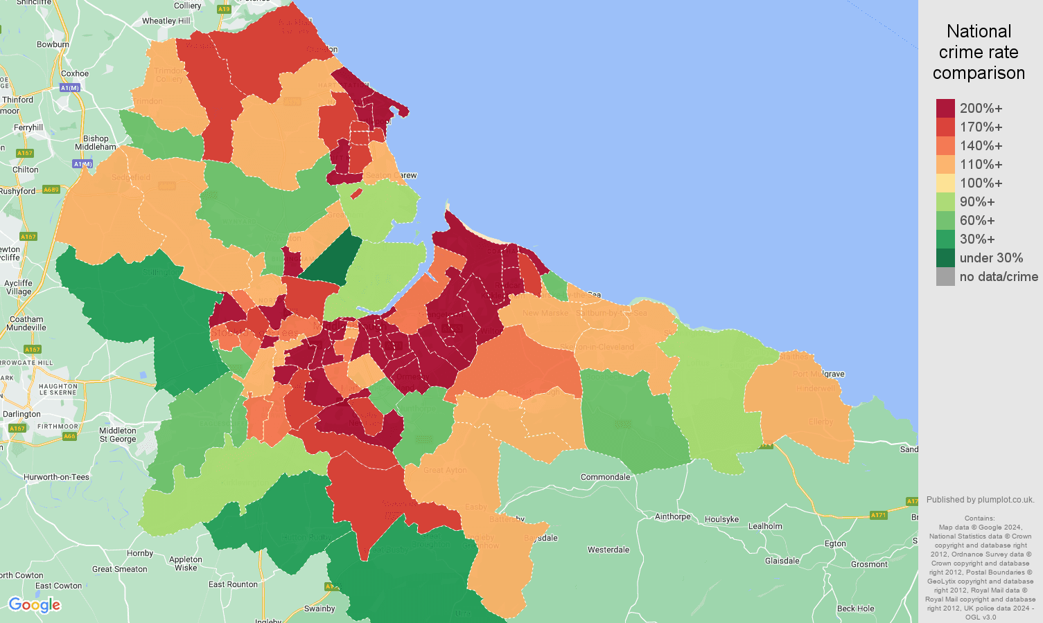 Cleveland antisocial behaviour crime statistics in maps and graphs. September 2024