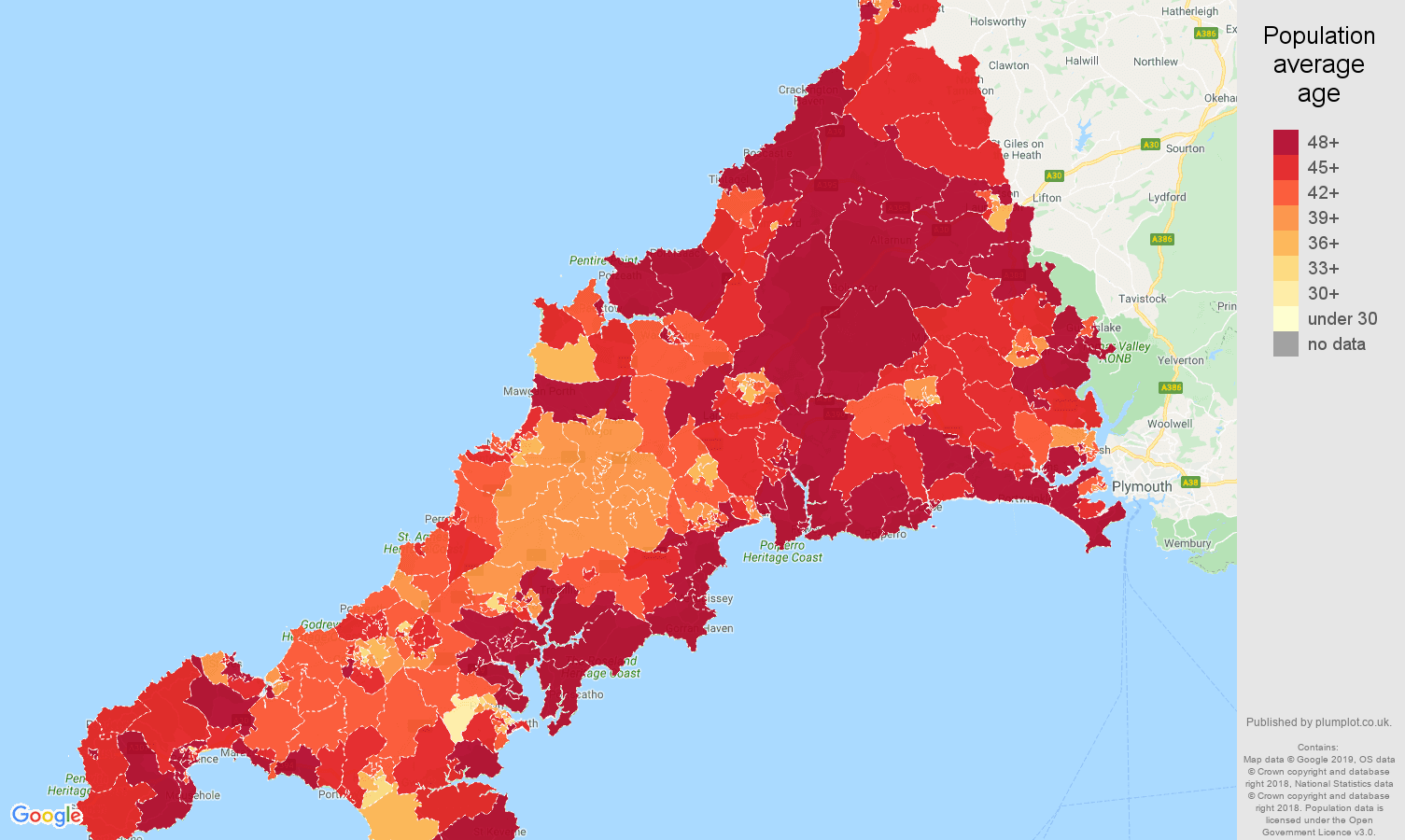 Cornwall population stats in maps and graphs.