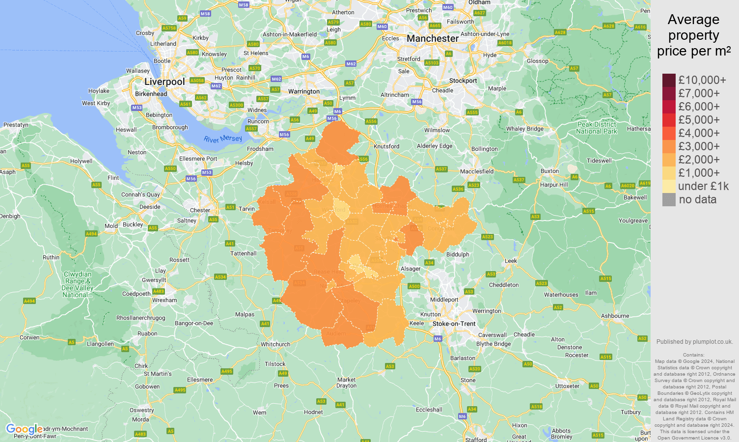 Crewe house prices per square metre in maps and graphs. August 2024
