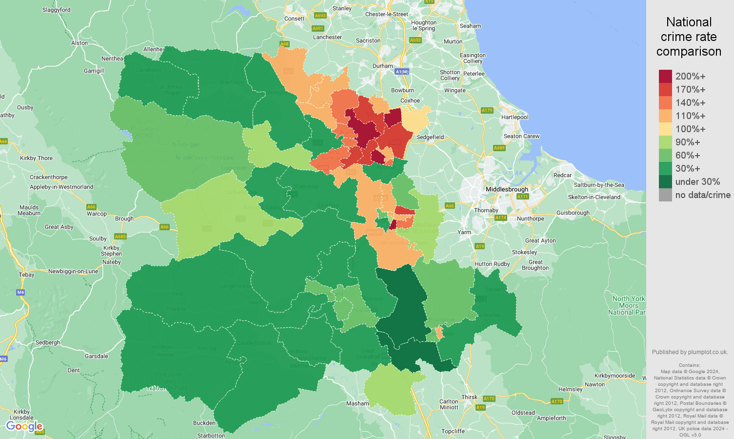 Darlington violent crime statistics in maps and graphs. September 2024