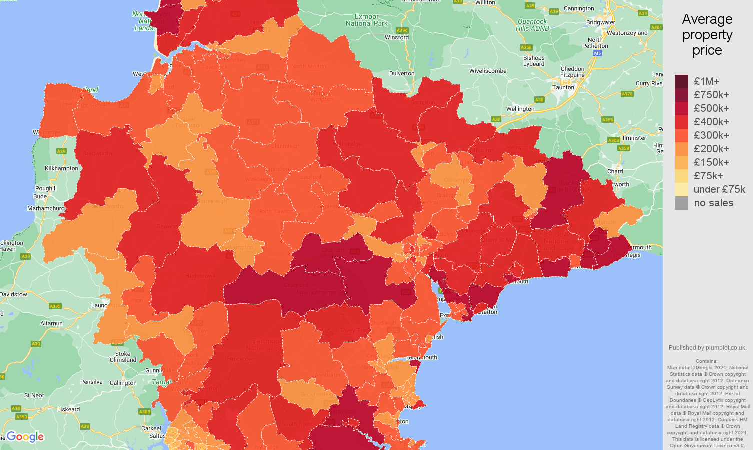 Devon house prices in maps and graphs. July 2024