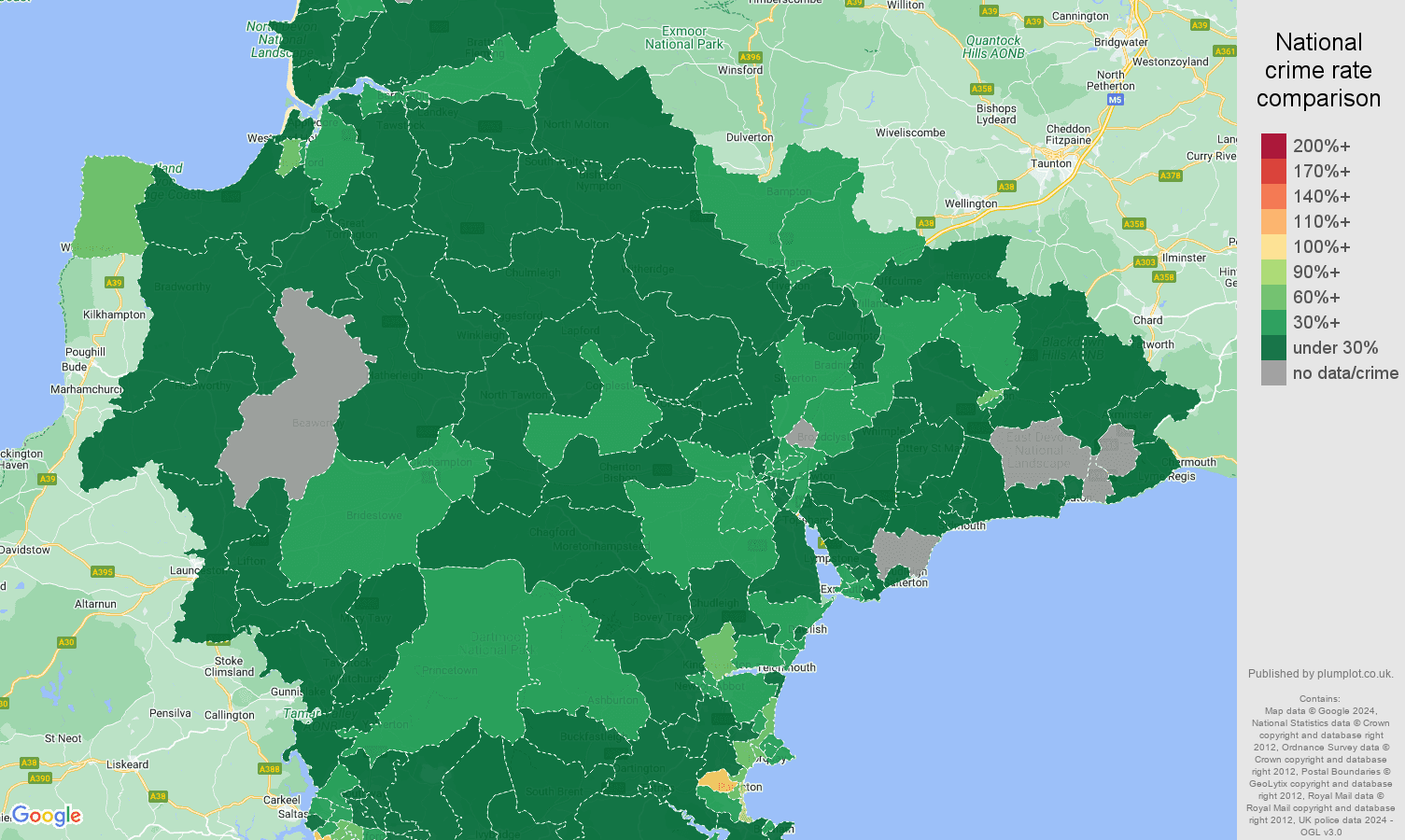 Devon vehicle crime statistics in maps and graphs. July 2024