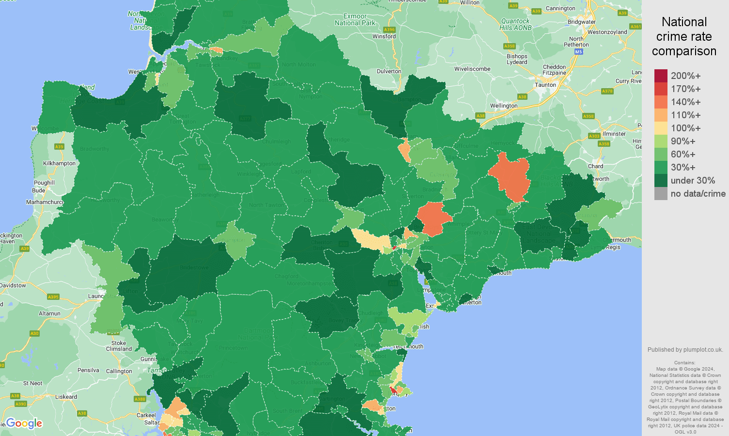 Devon violent crime statistics in maps and graphs.