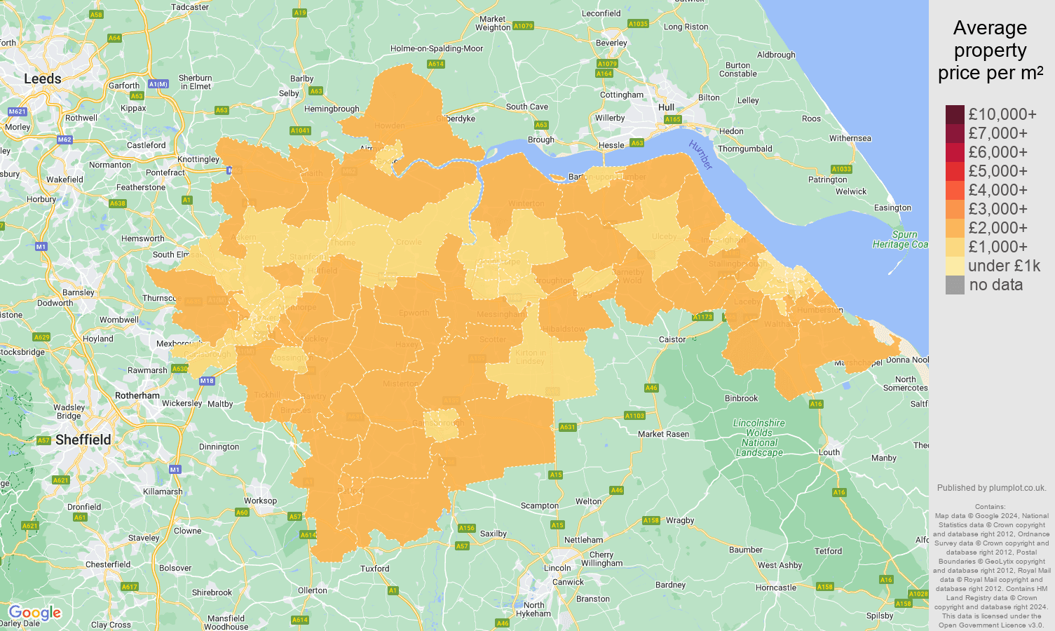 Doncaster house prices per square metre in maps and graphs. August 2024