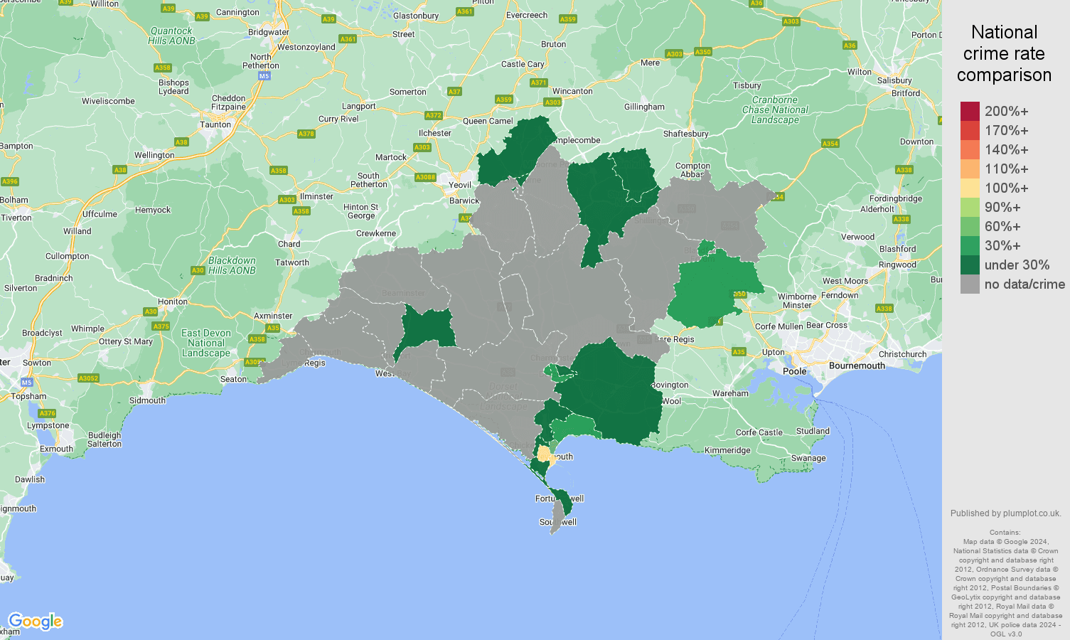 Dorchester robbery crime statistics in maps and graphs.