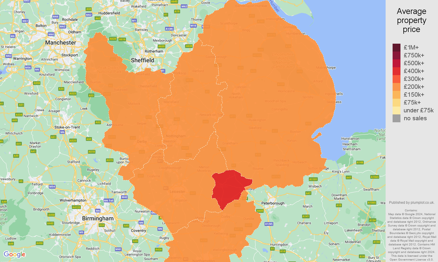 EastMidlands house prices in maps and graphs. August 2024