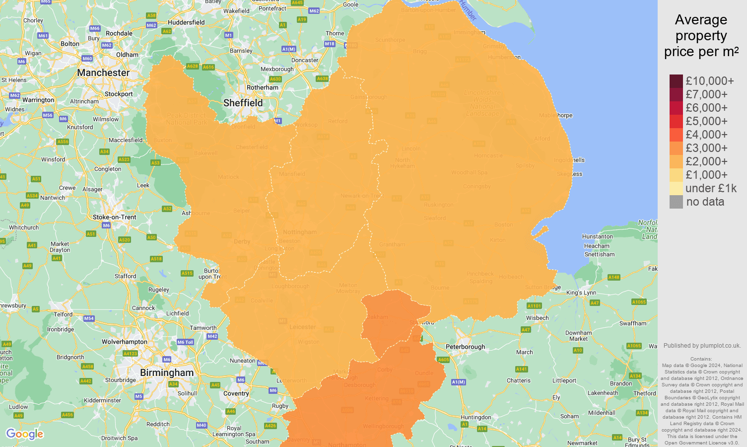 EastMidlands house prices per square metre in maps and graphs. August 2024