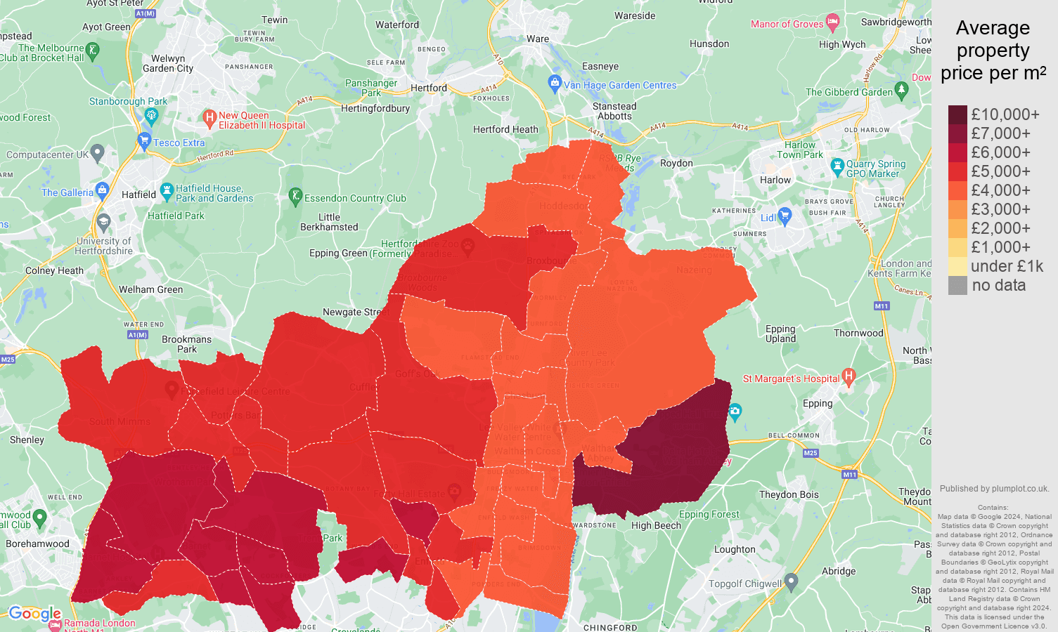 Enfield house prices per square metre in maps and graphs. June 2024