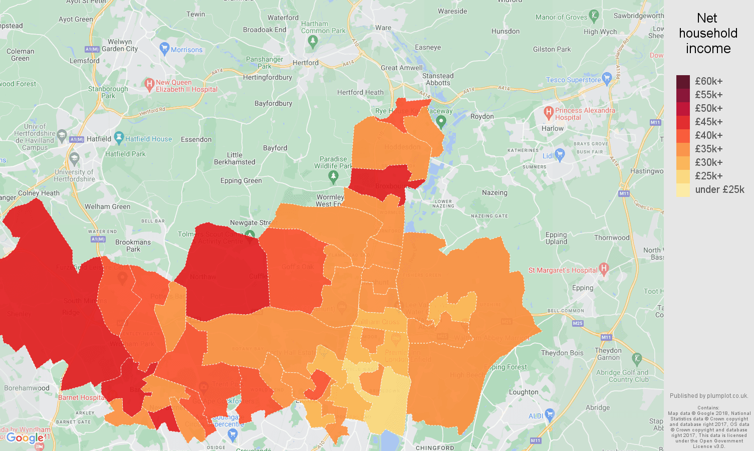 Enfield Average salary, household and unemployment rates in maps