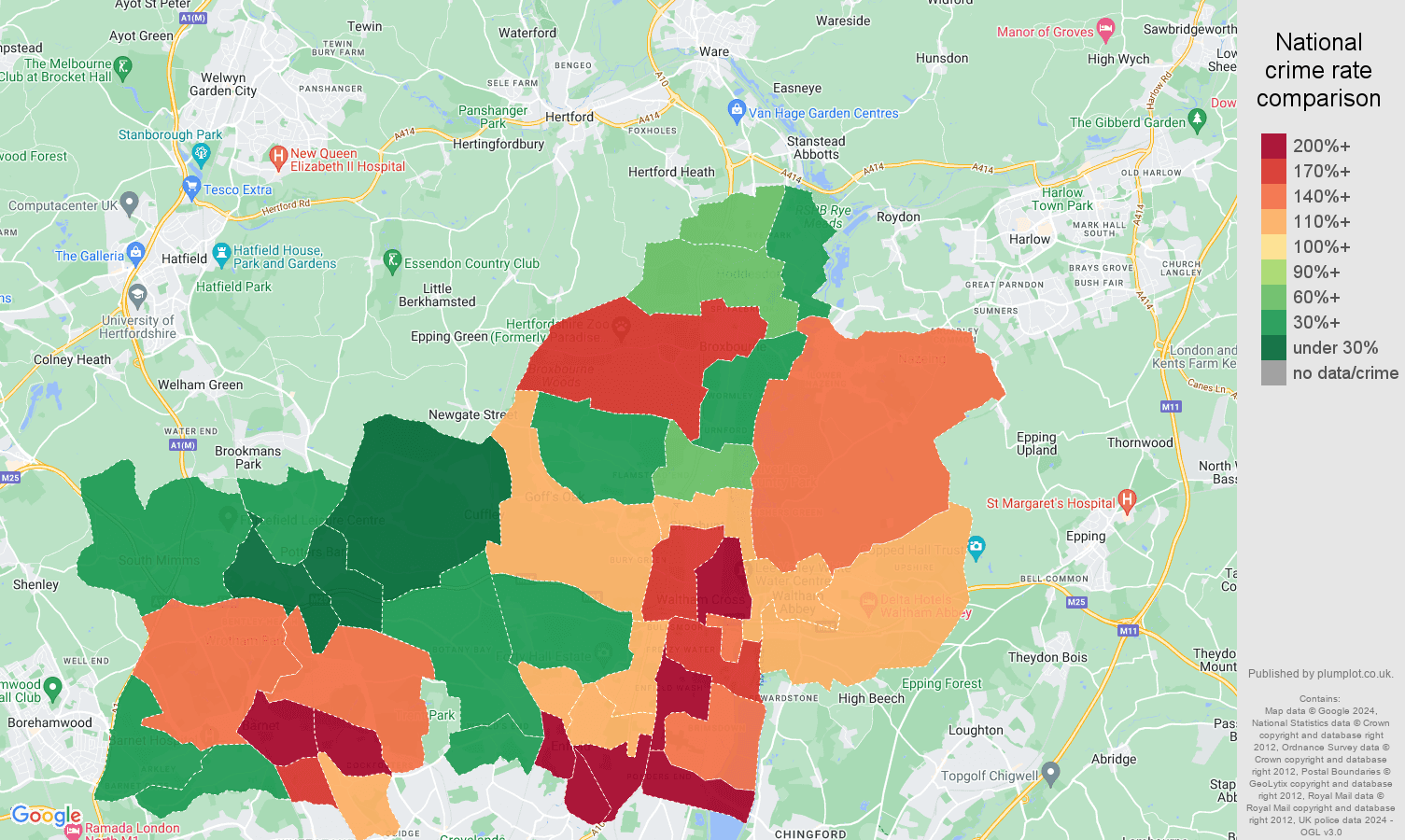 Enfield robbery crime statistics in maps and graphs. September 2024