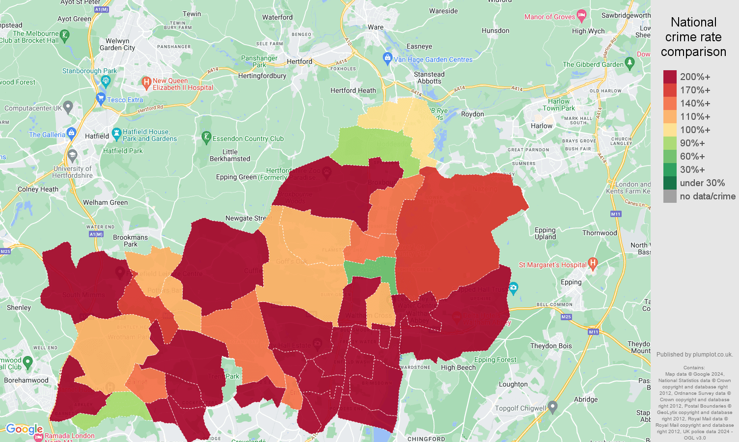 Enfield vehicle crime statistics in maps and graphs. July 2024