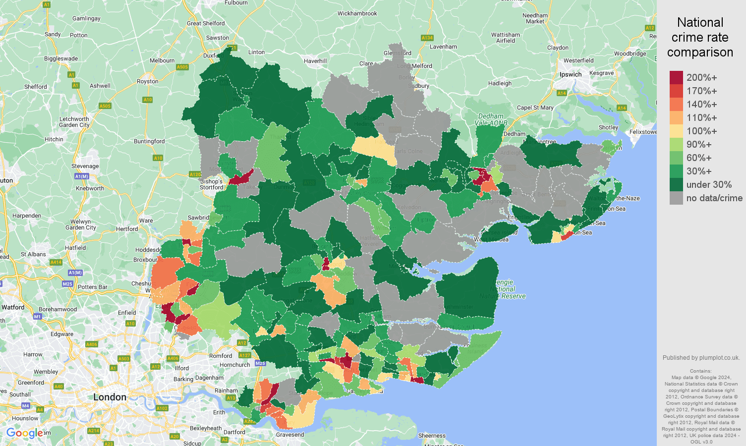 Essex robbery crime statistics in maps and graphs. September 2024