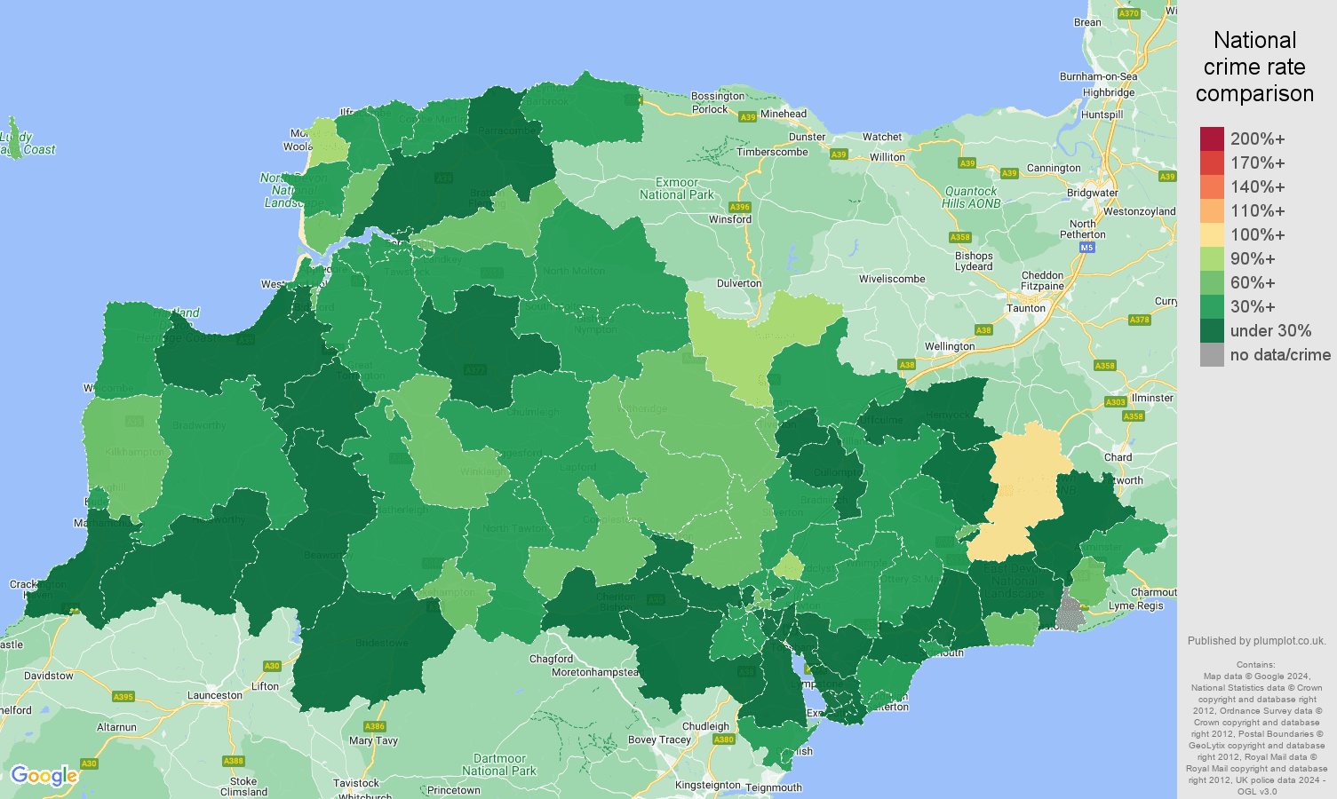 Exeter burglary crime statistics in maps and graphs. July 2024