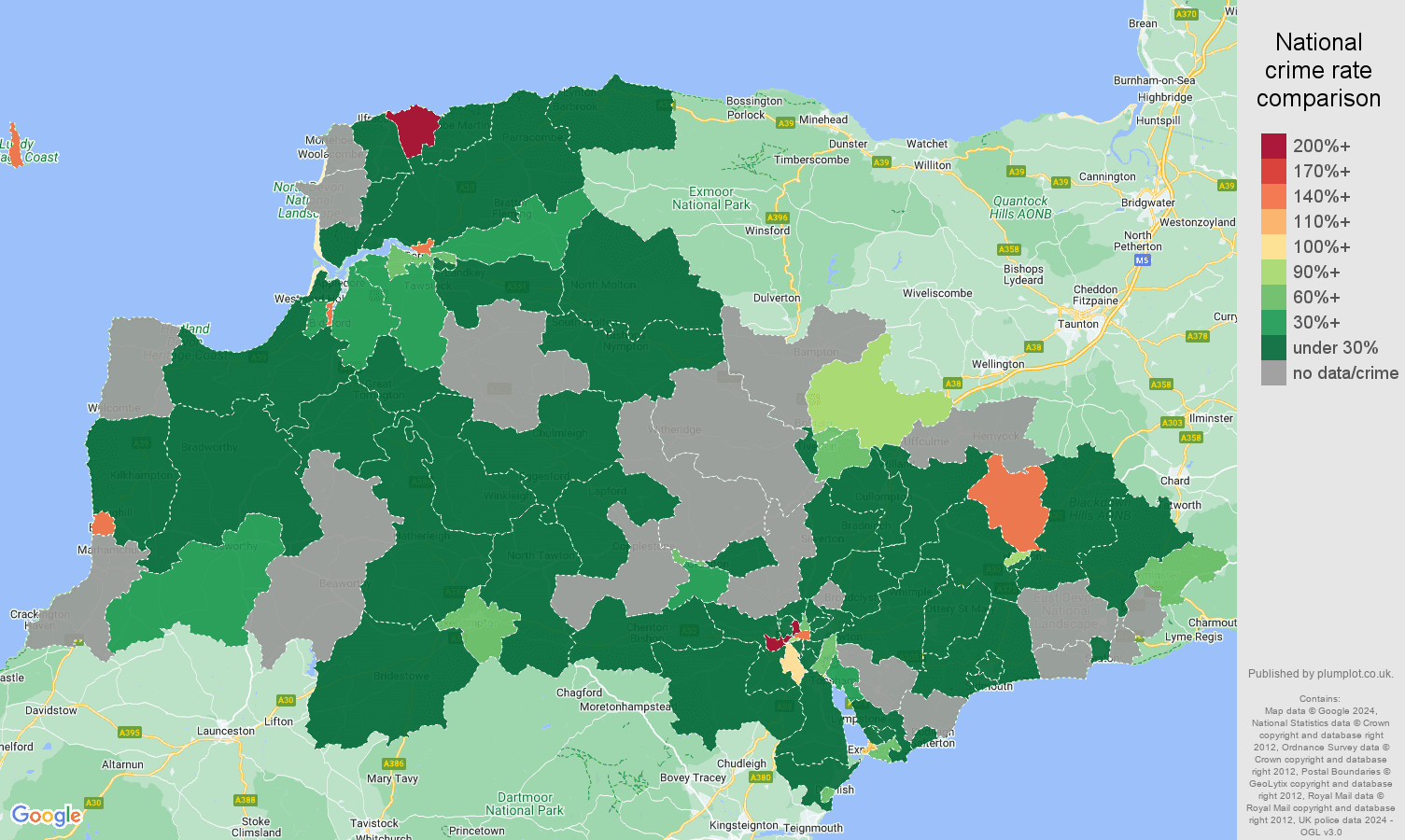 Exeter shoplifting crime statistics in maps and graphs. September 2024