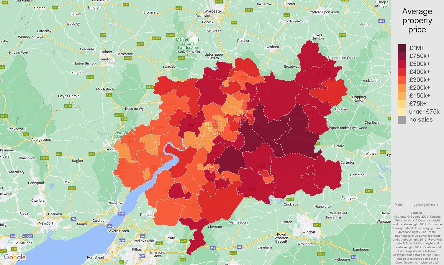 Gloucester house prices in maps and graphs. July 2024
