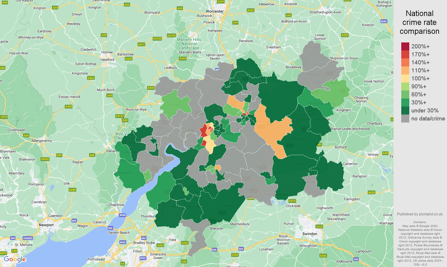 Gloucester robbery crime statistics in maps and graphs. September 2024