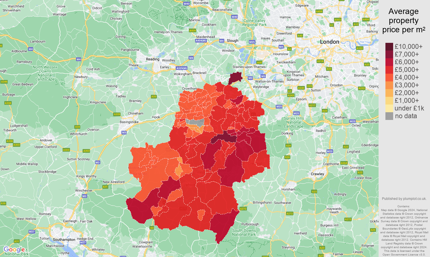 Guildford house prices per square metre in maps and graphs.