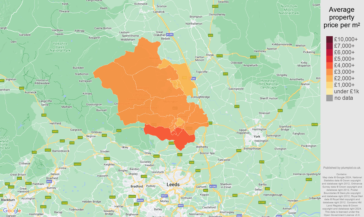 Harrogate house prices per square metre in maps and graphs. August 2024