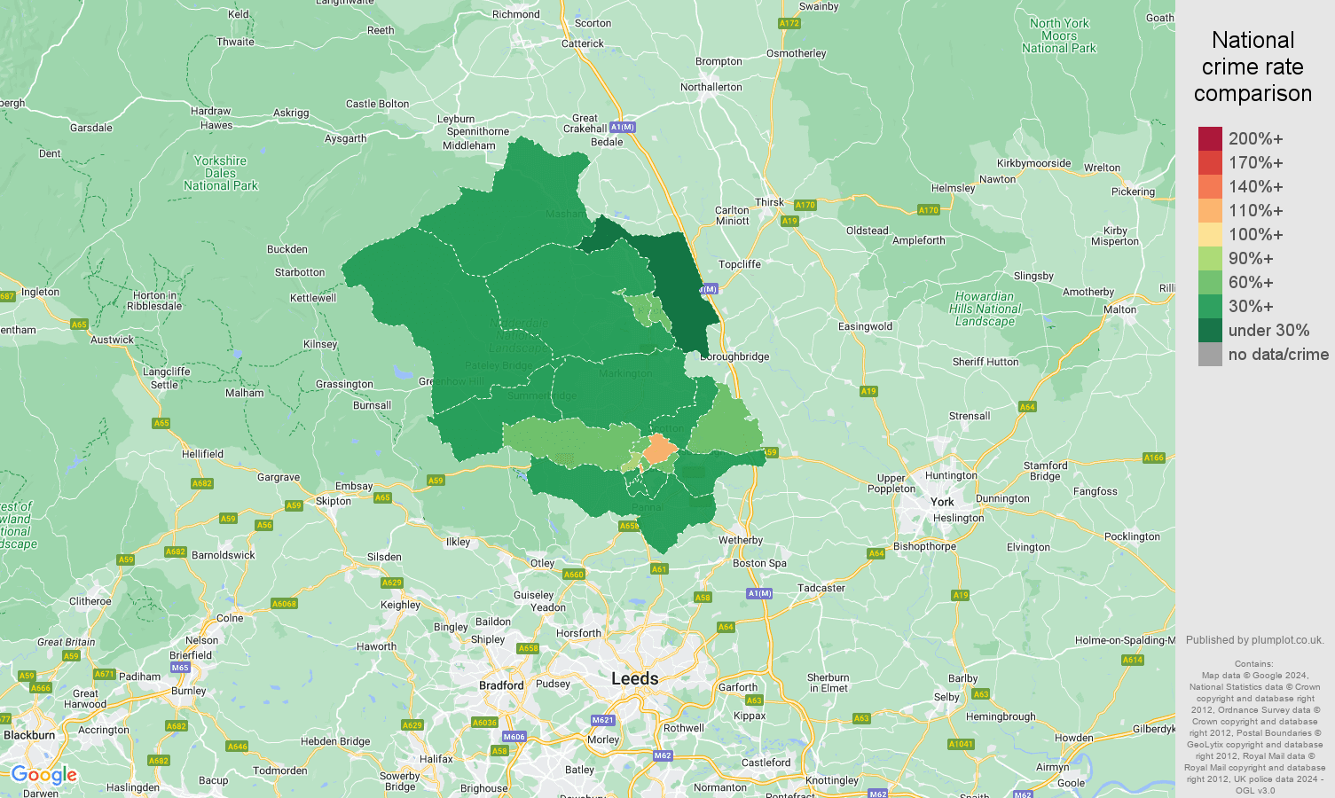 Harrogate violent crime statistics in maps and graphs. September 2024