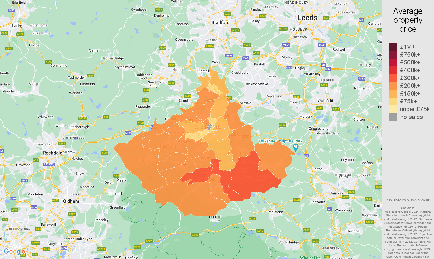Huddersfield house prices in maps and graphs.