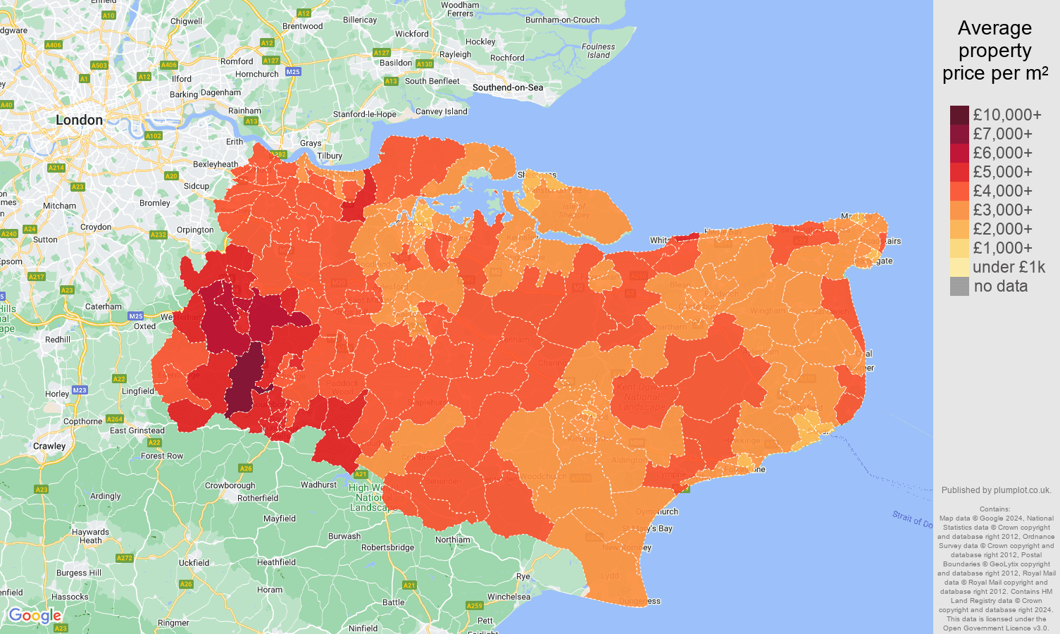 Kent house prices per square metre in maps and graphs. August 2024