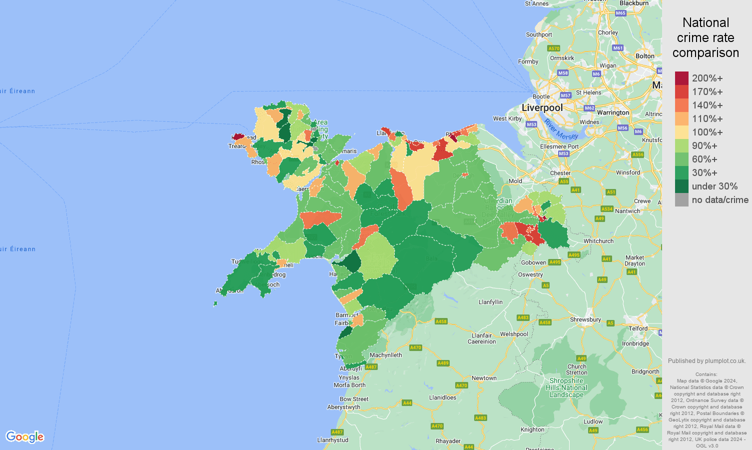 Llandudno violent crime statistics in maps and graphs. September 2024