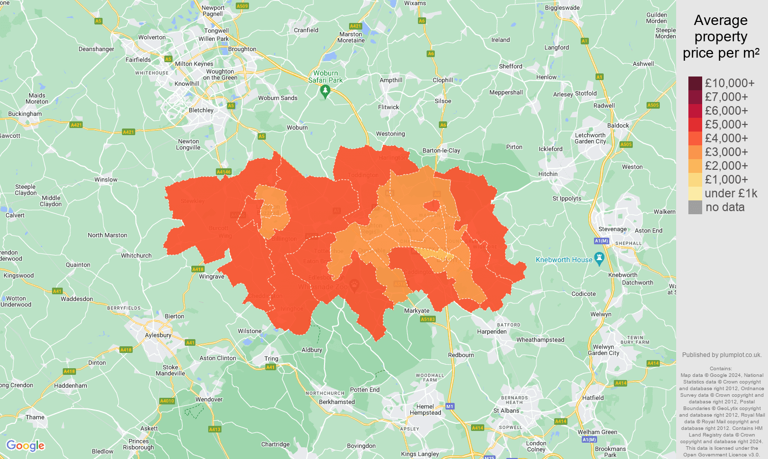 Luton house prices per square metre in maps and graphs.