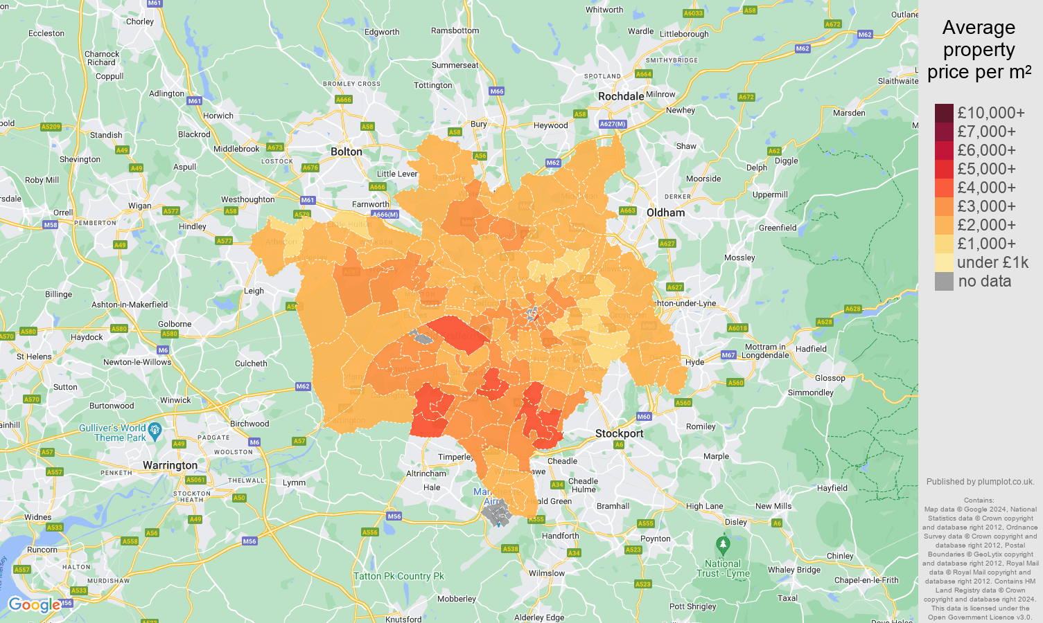 Manchester house prices per square metre in maps and graphs. August 2024