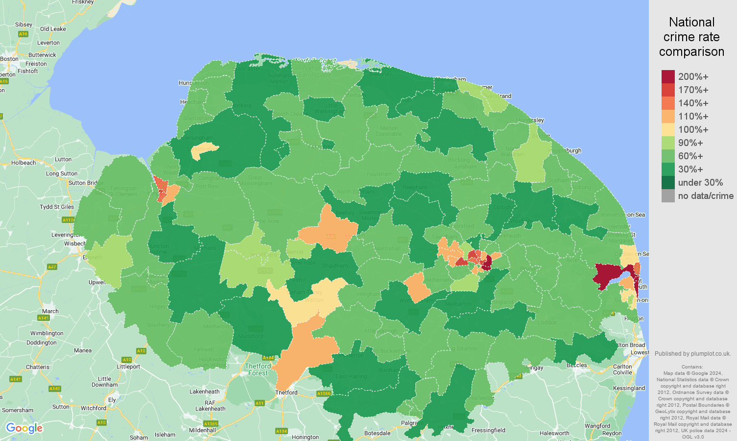 Norfolk violent crime statistics in maps and graphs. September 2024