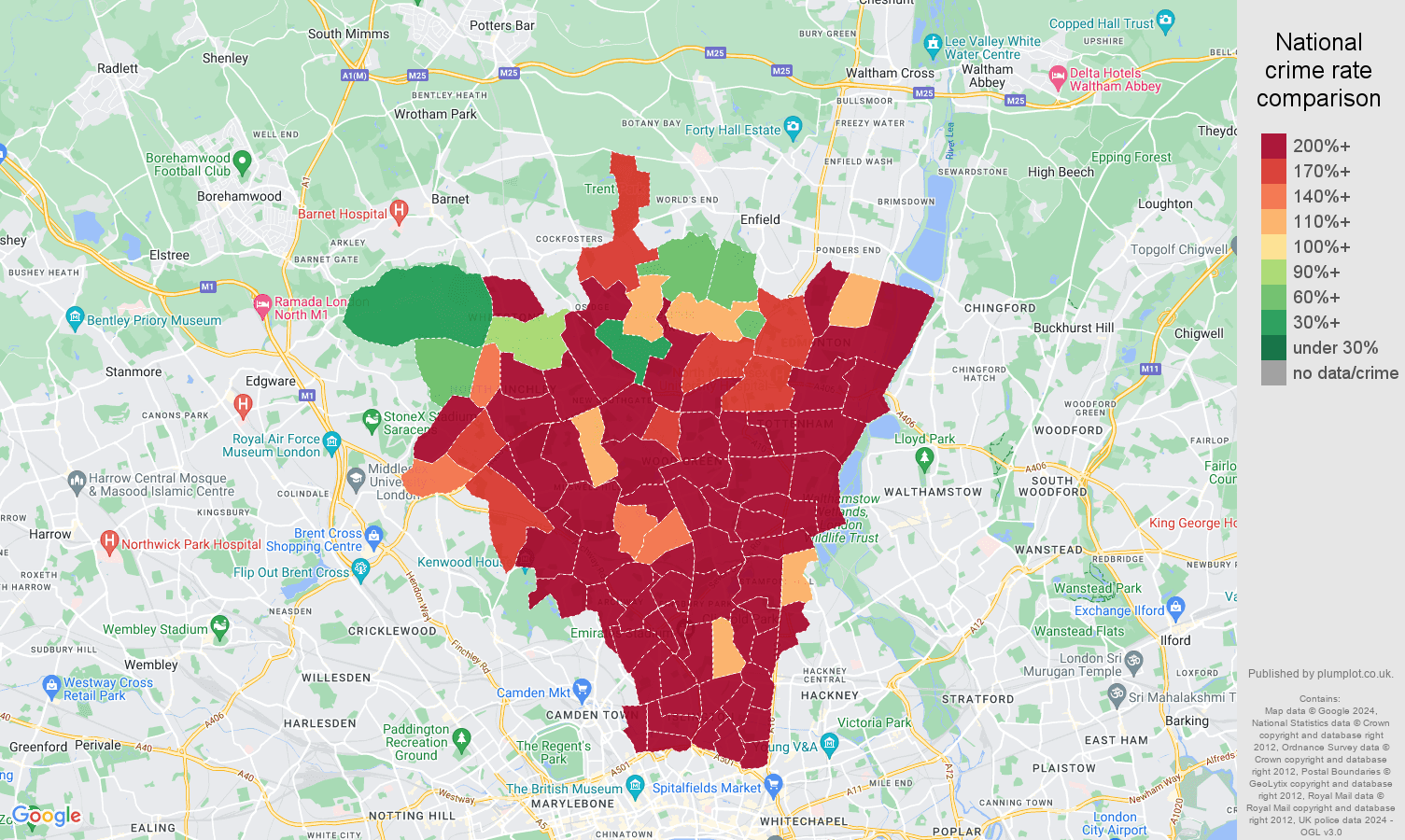NorthLondon robbery crime statistics in maps and graphs. September 2024