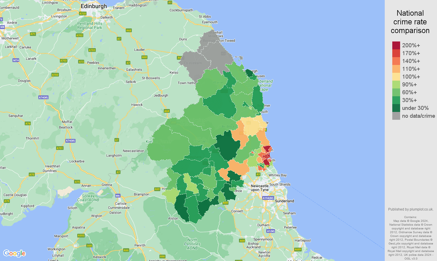 Northumberland violent crime statistics in maps and graphs.