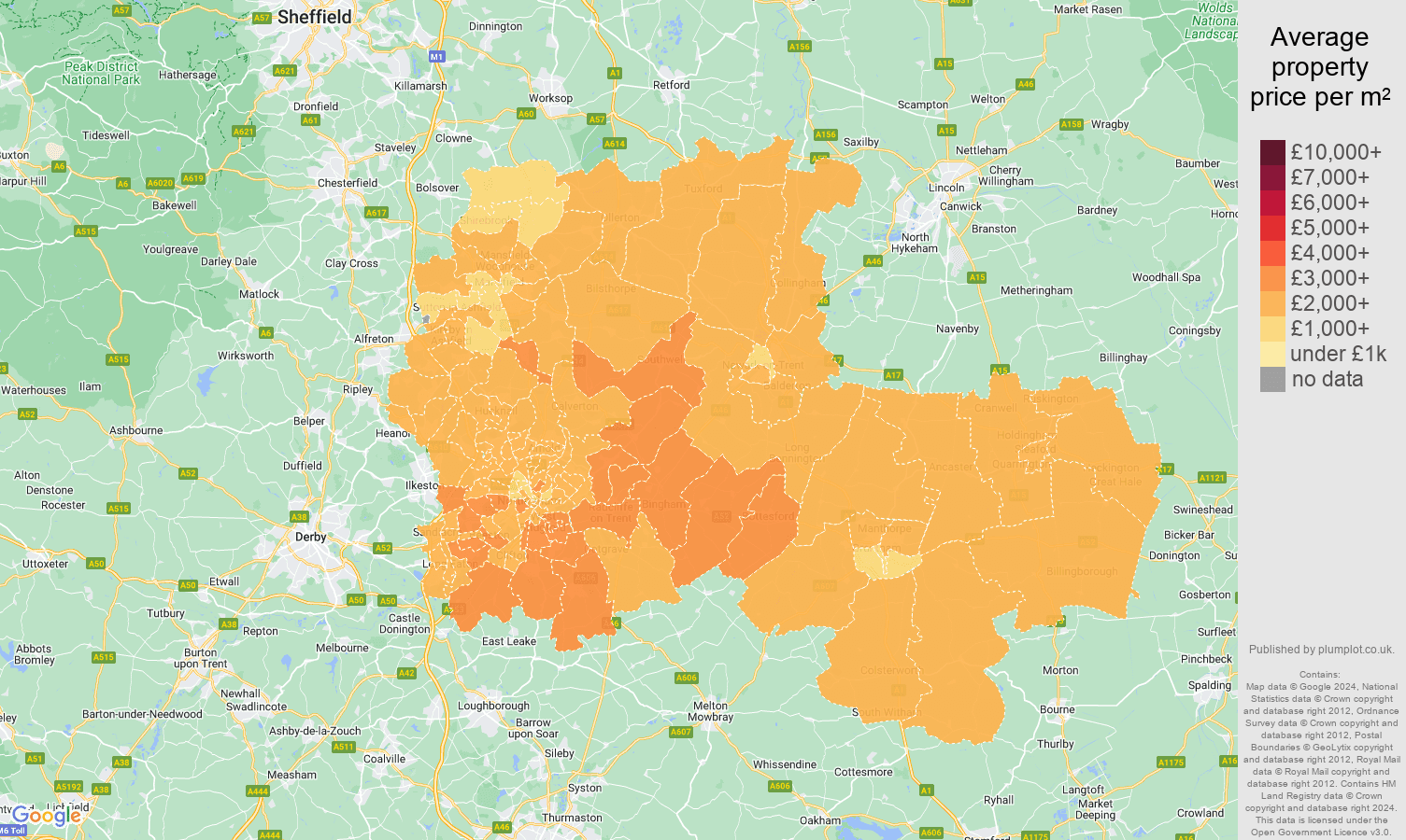 Nottingham house prices per square metre in maps and graphs. August 2024