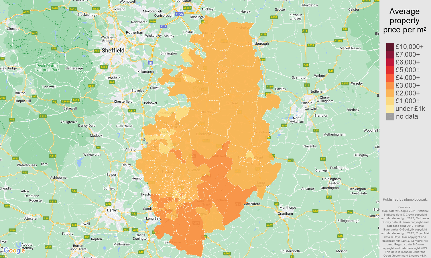 Nottinghamshire house prices per square metre in maps and graphs
