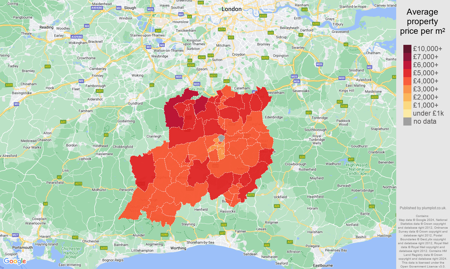 Redhill house prices per square metre in maps and graphs. August 2024