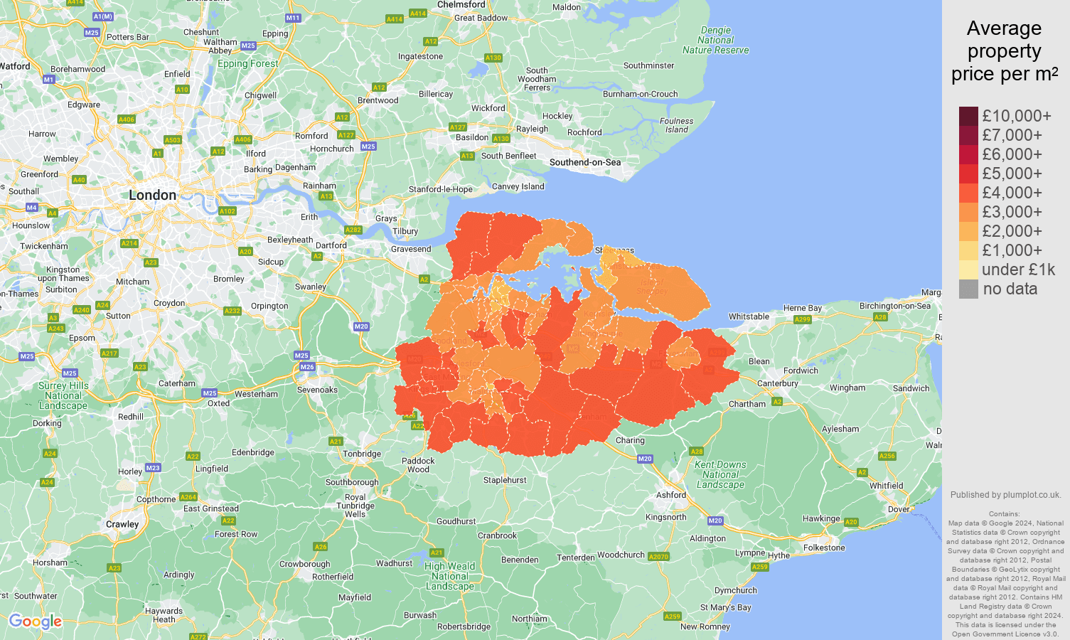 Rochester house prices per square metre in maps and graphs. August 2024