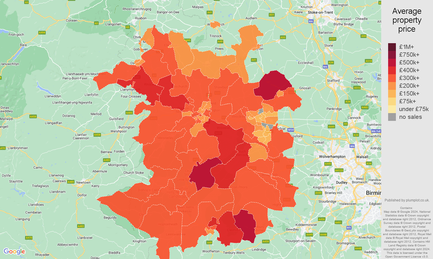 Shropshire house prices in maps and graphs. June 2024