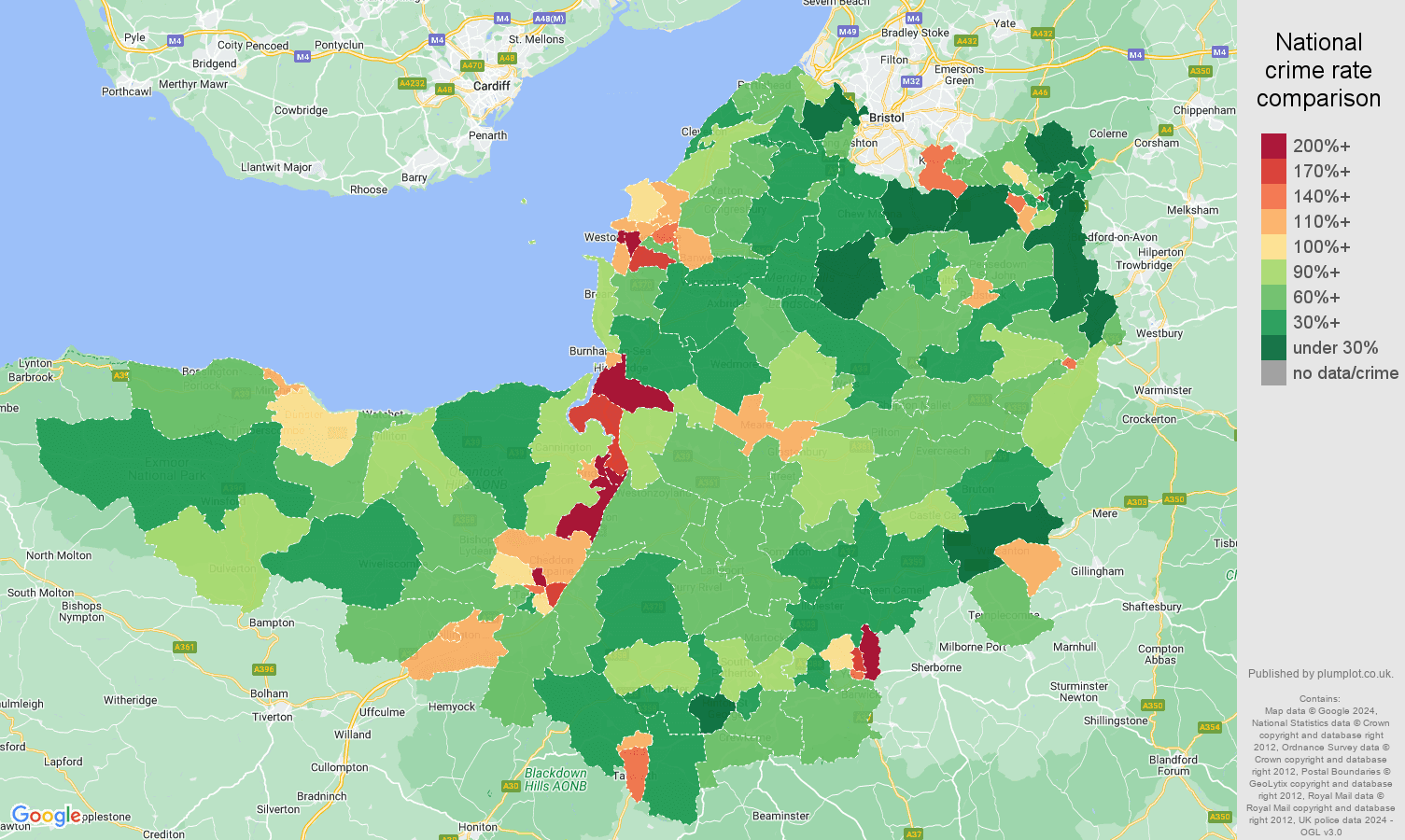 Somerset violent crime statistics in maps and graphs. September 2024