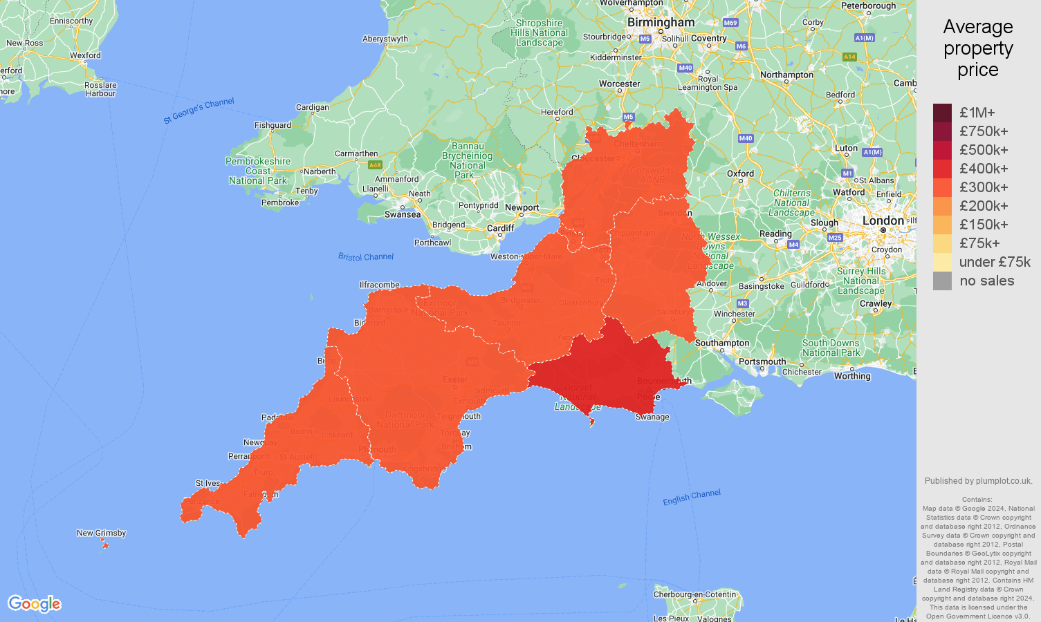 SouthWest house prices in maps and graphs. August 2024