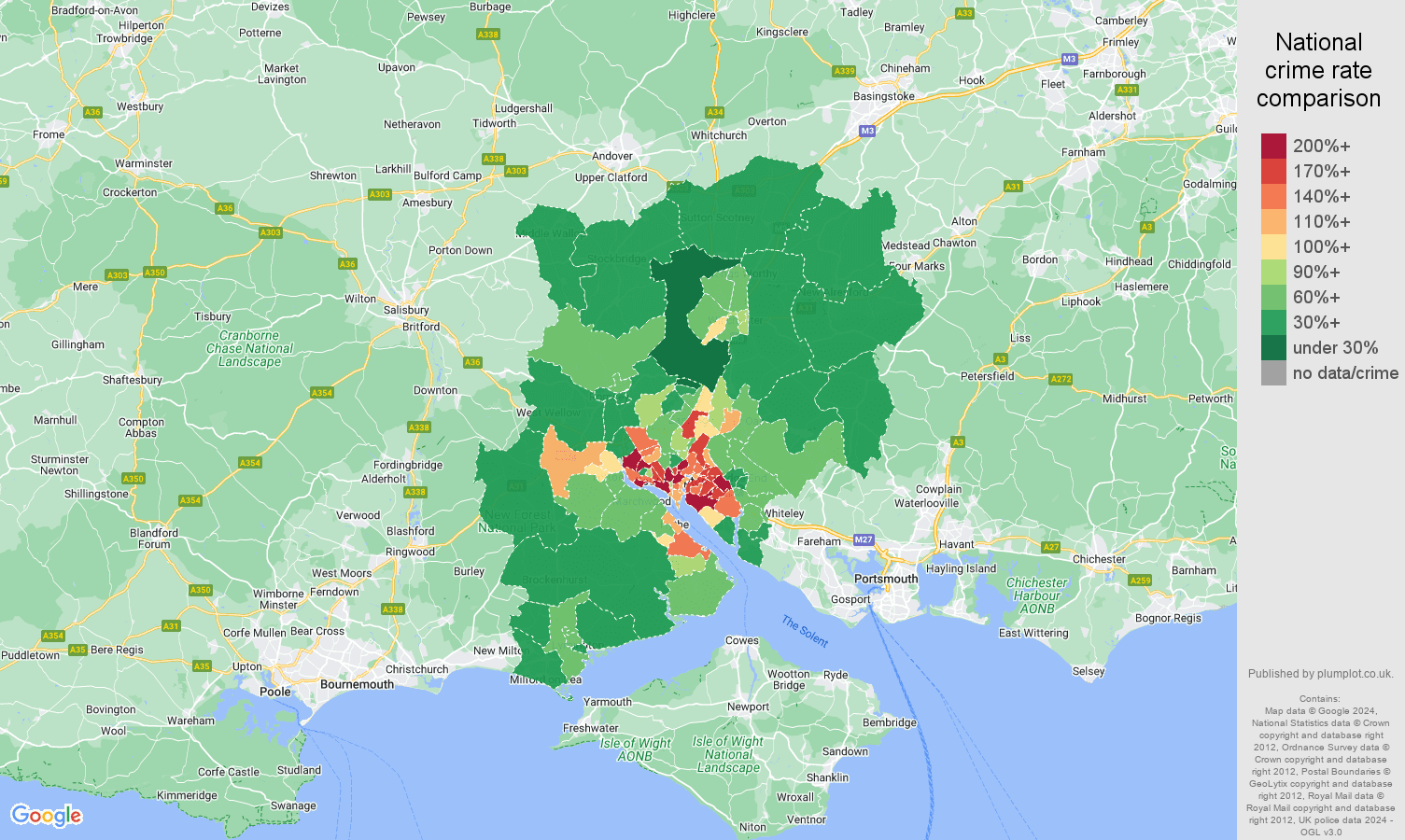 Southampton violent crime statistics in maps and graphs. September 2024