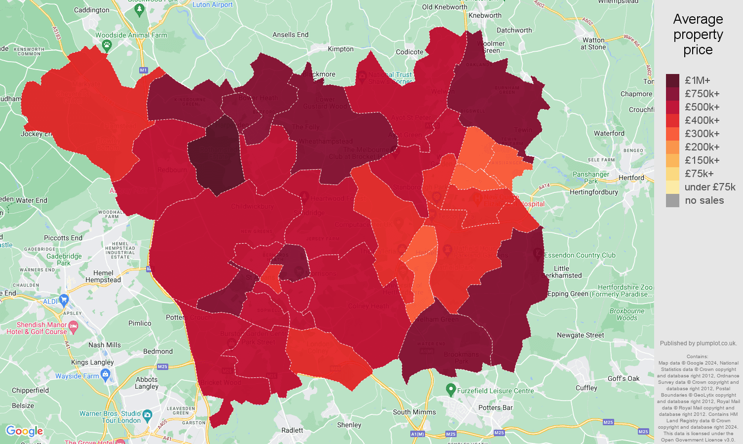 StAlbans house prices in maps and graphs. August 2024