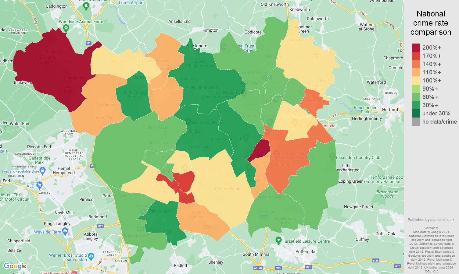 StAlbans vehicle crime statistics in maps and graphs. June 2024