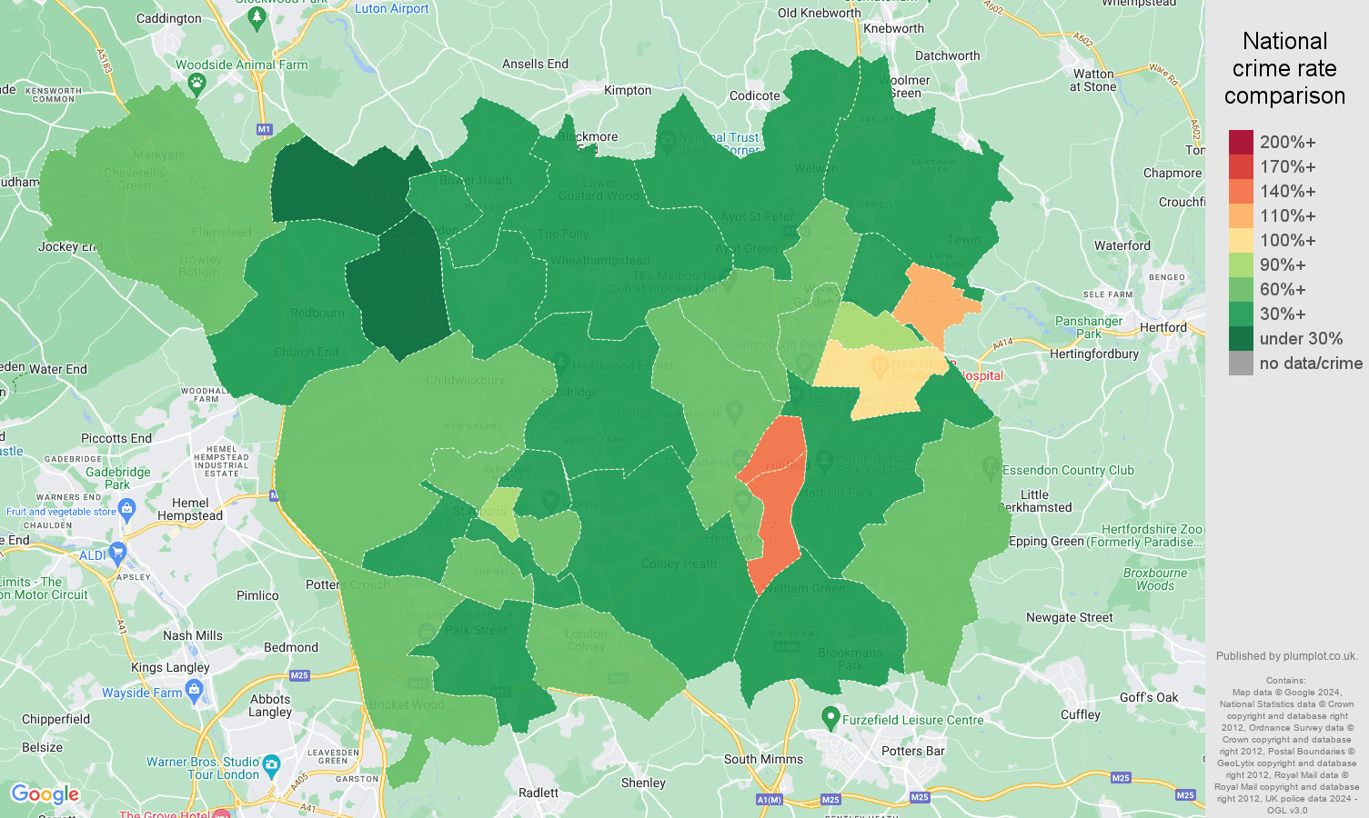 StAlbans violent crime statistics in maps and graphs. September 2024